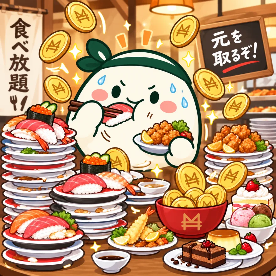 食べ放題で必死に食べるMotiくん。motiコインが器に入ってくる