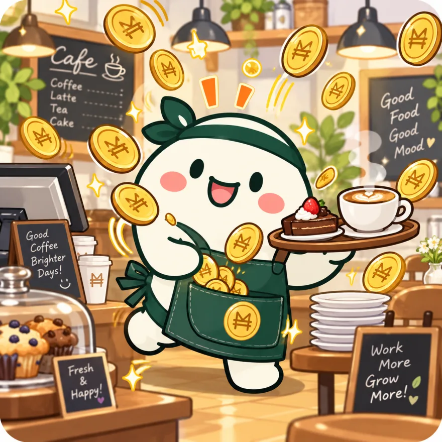 カフェで働くMotiくん。motiコインがエプロンに入ってくる